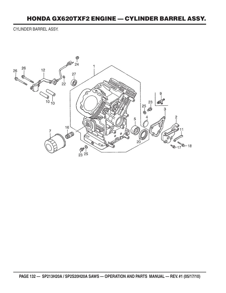 Honda gx620txf2 engine — cylinder barrel assy | Multiquip SP2S20H20A User Manual | Page 132 / 160