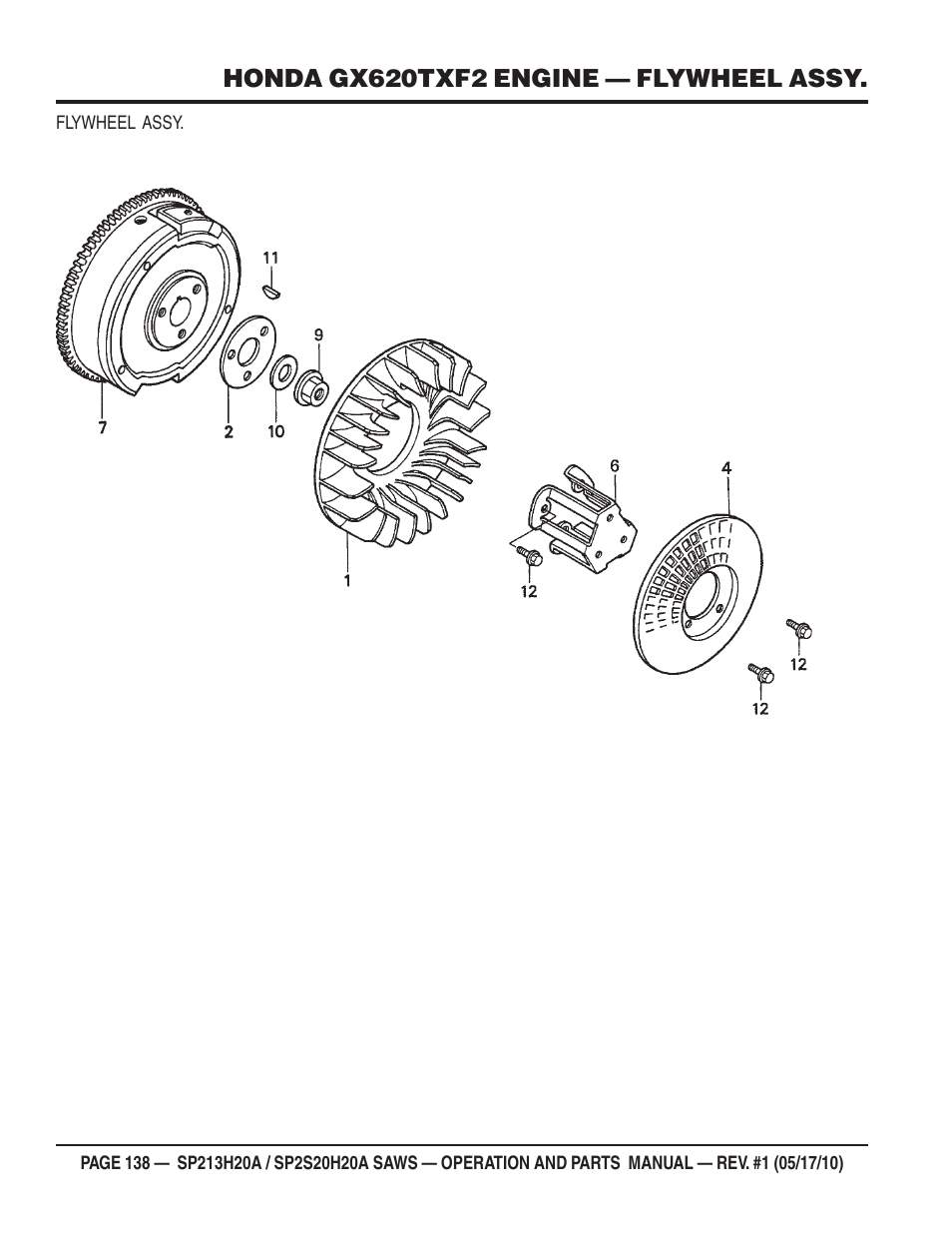 Honda gx620txf2 engine — flywheel assy | Multiquip SP2S20H20A User Manual | Page 138 / 160