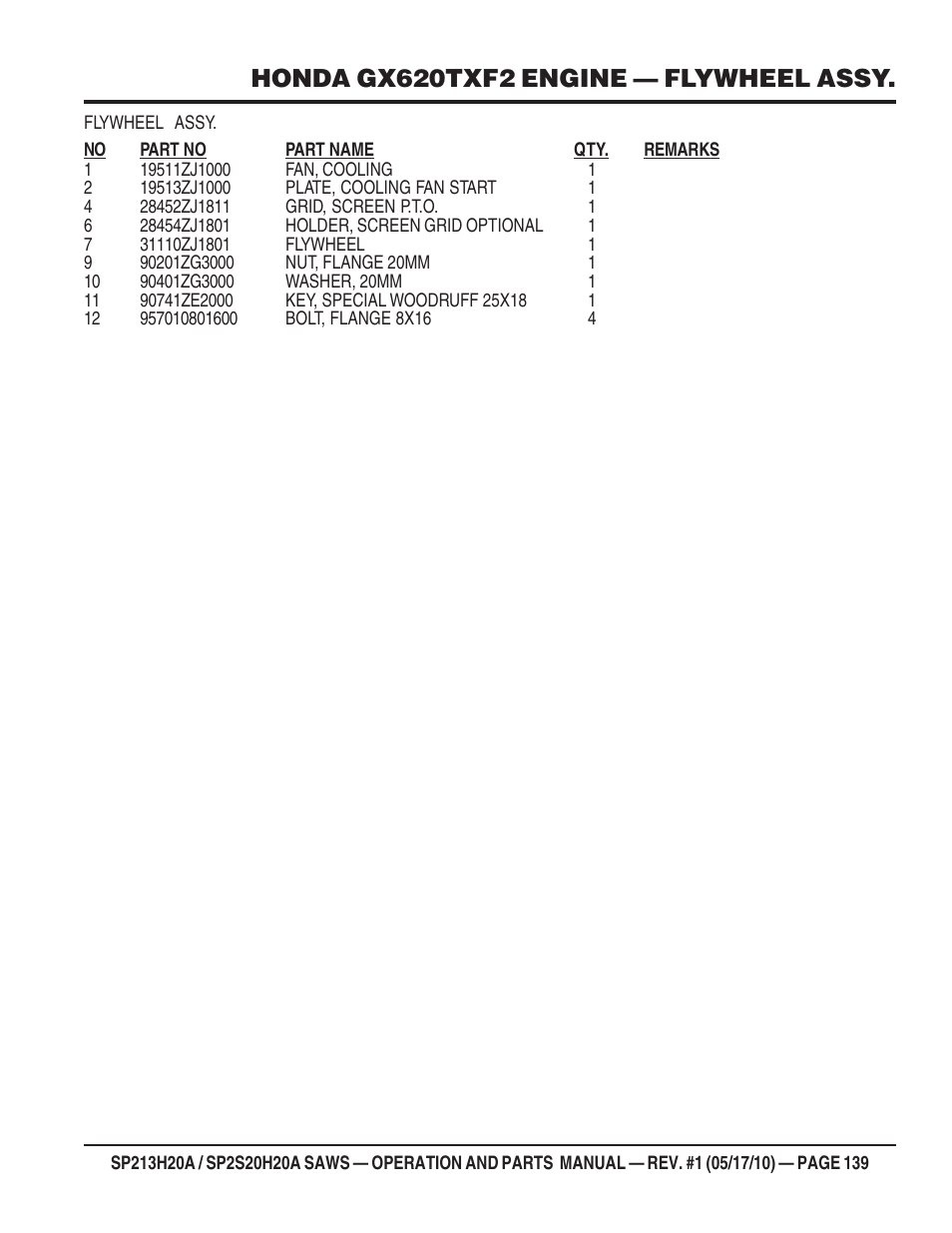 Honda gx620txf2 engine — flywheel assy | Multiquip SP2S20H20A User Manual | Page 139 / 160