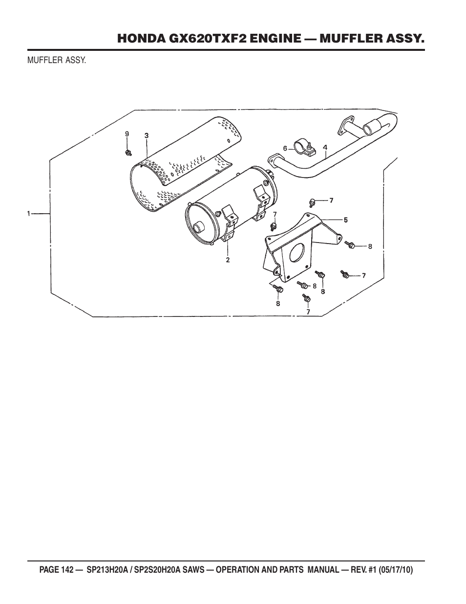 Honda gx620txf2 engine — muffler assy | Multiquip SP2S20H20A User Manual | Page 142 / 160