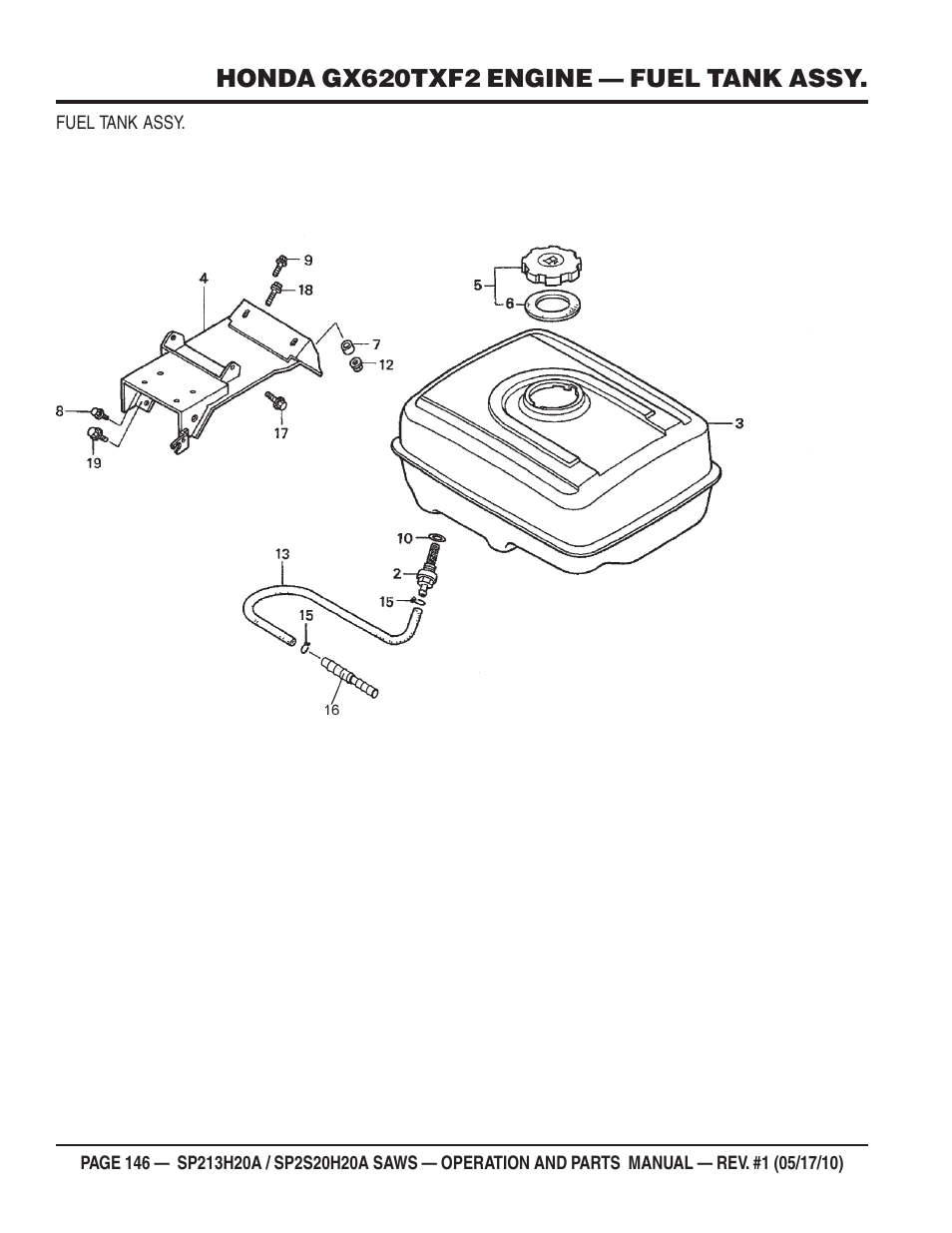 Honda gx620txf2 engine — fuel tank assy | Multiquip SP2S20H20A User Manual | Page 146 / 160