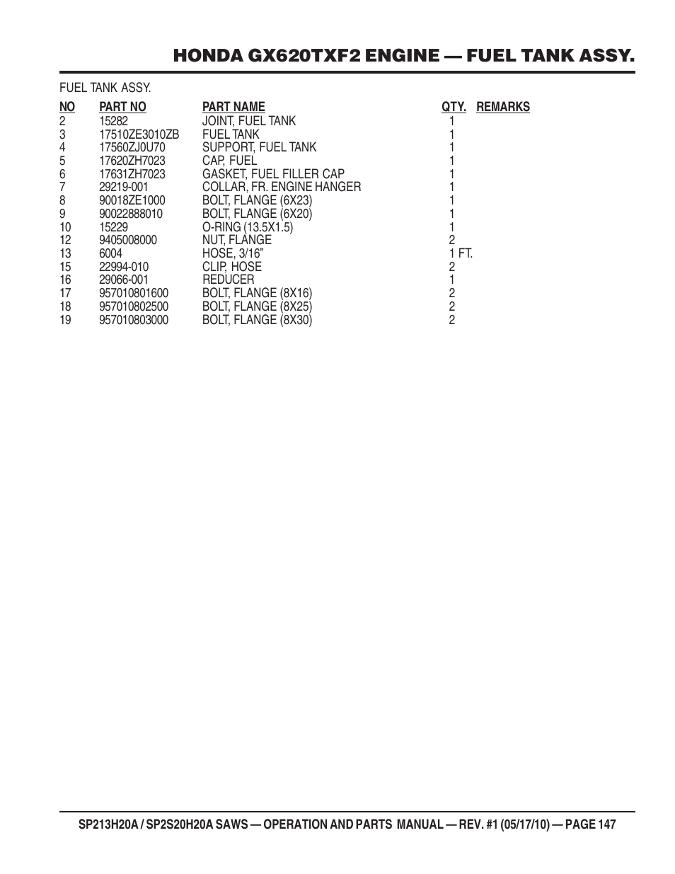 Honda gx620txf2 engine — fuel tank assy | Multiquip SP2S20H20A User Manual | Page 147 / 160