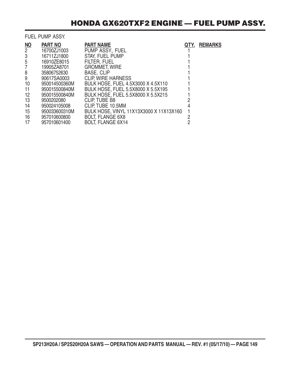 Honda gx620txf2 engine — fuel pump assy | Multiquip SP2S20H20A User Manual | Page 149 / 160