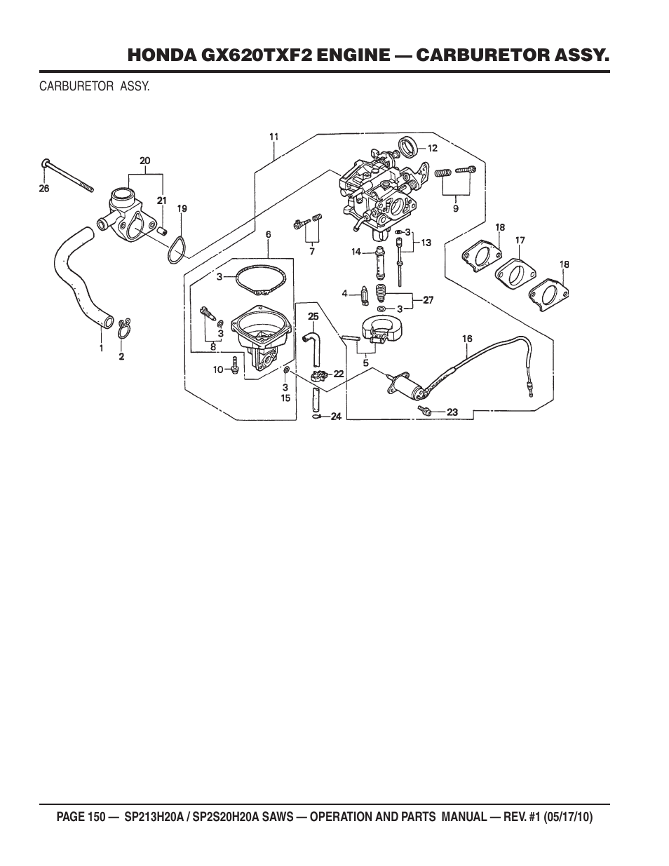 Honda gx620txf2 engine — carburetor assy | Multiquip SP2S20H20A User Manual | Page 150 / 160