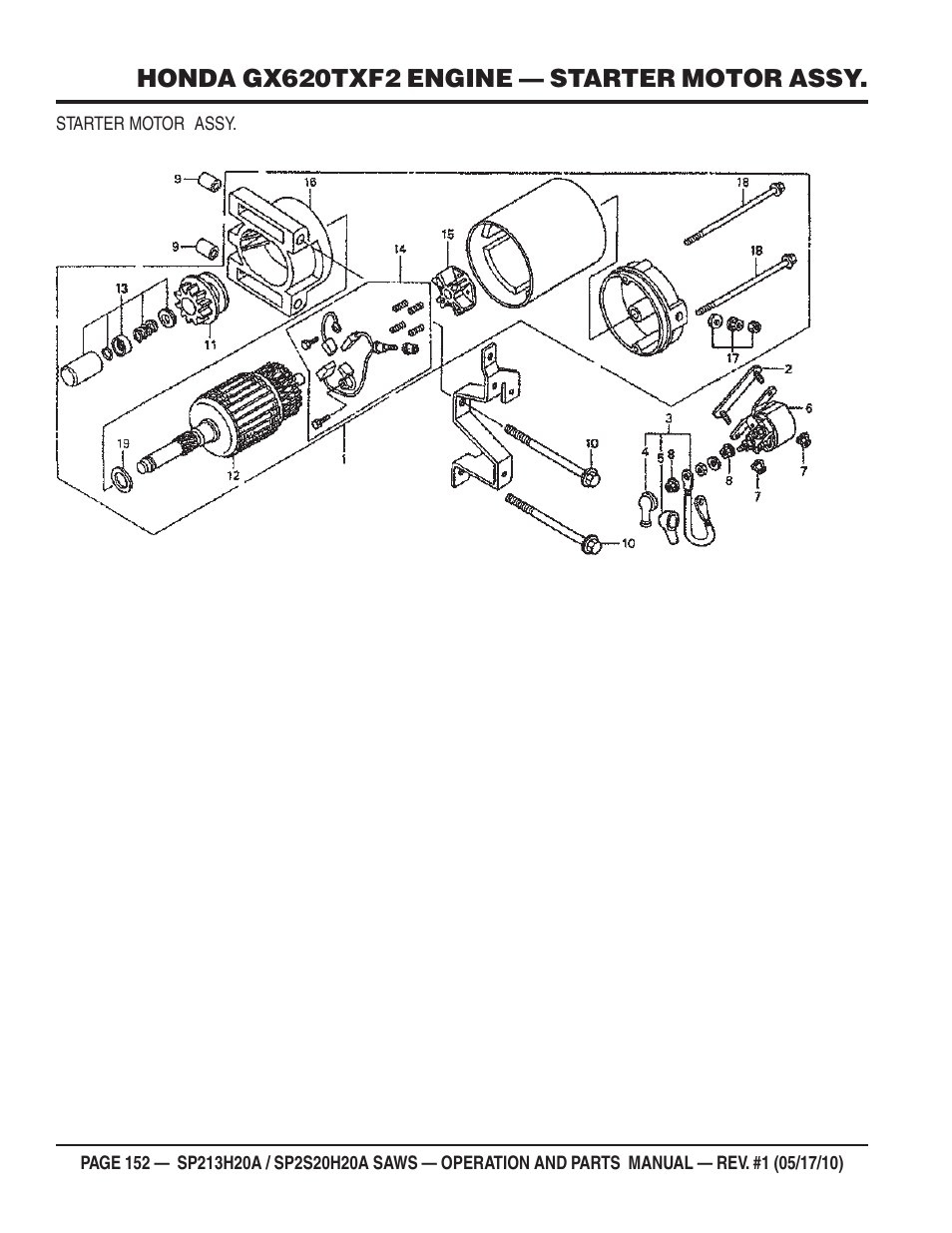 Honda gx620txf2 engine — starter motor assy | Multiquip SP2S20H20A User Manual | Page 152 / 160