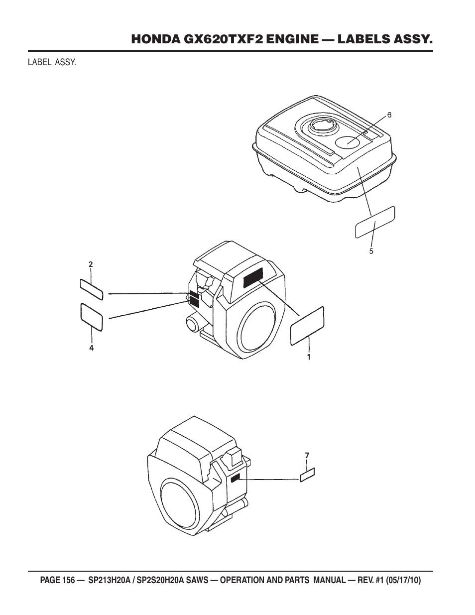 Honda gx620txf2 engine — labels assy | Multiquip SP2S20H20A User Manual | Page 156 / 160