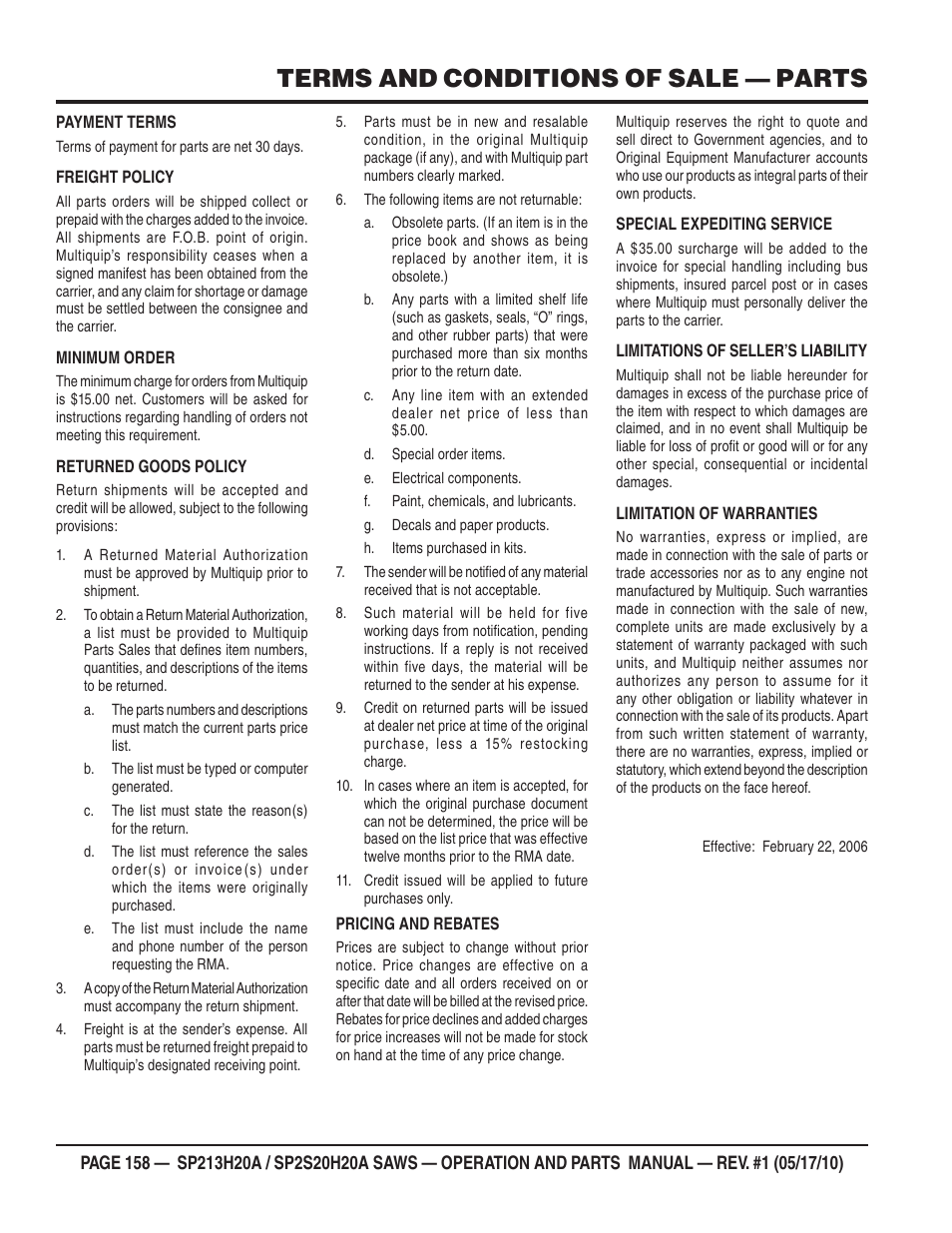 Terms and conditions of sale — parts | Multiquip SP2S20H20A User Manual | Page 158 / 160