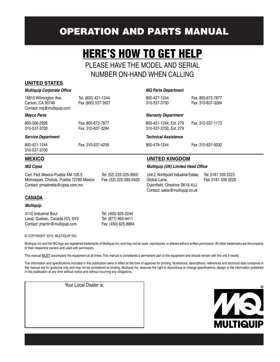 Here’s how to get help, Operation and parts manual | Multiquip SP2S20H20A User Manual | Page 160 / 160