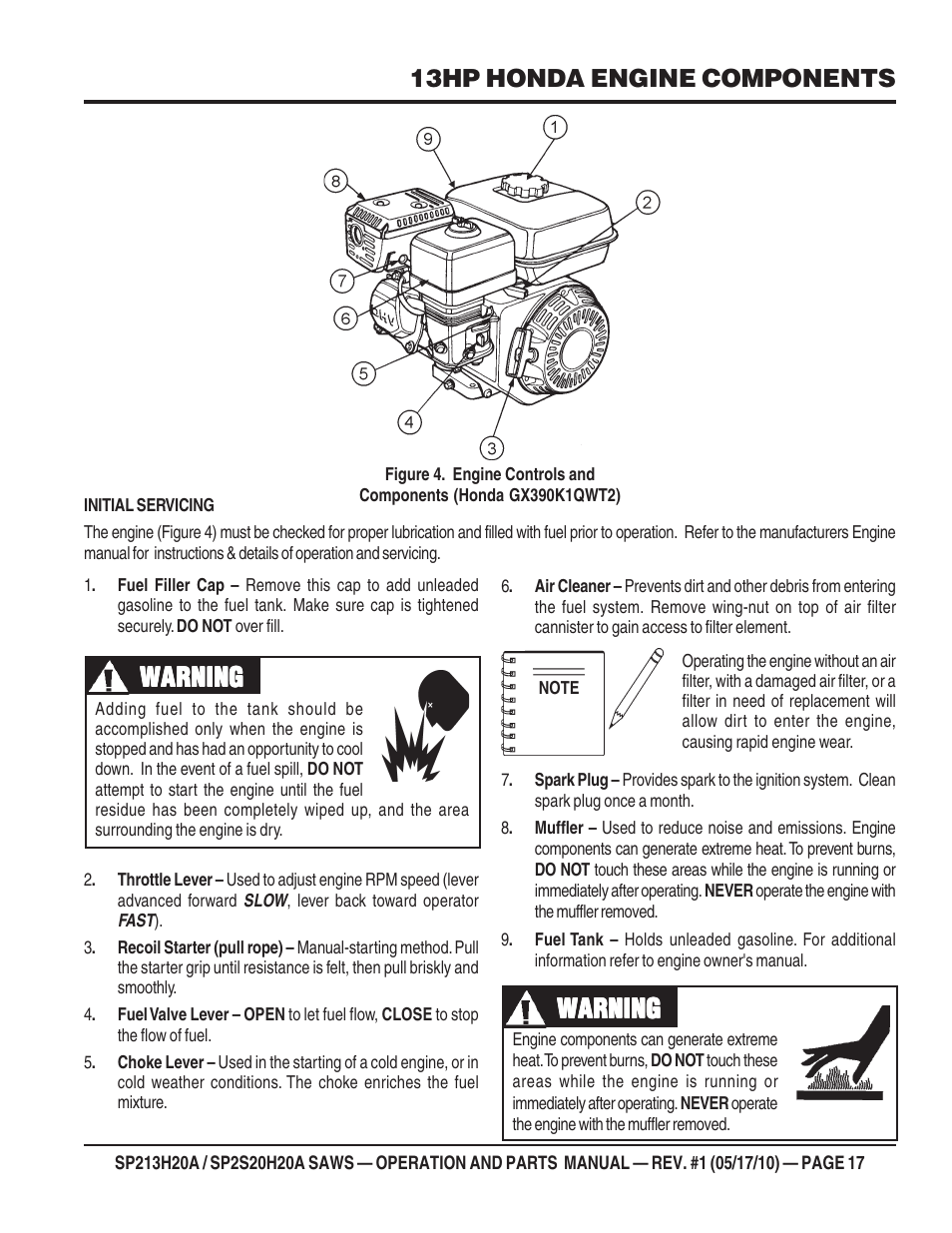 Warning, 13hp honda engine components | Multiquip SP2S20H20A User Manual | Page 17 / 160