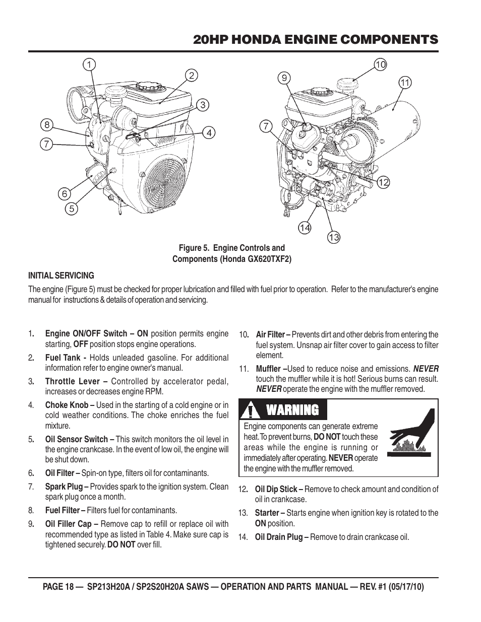 Warning, 20hp honda engine components | Multiquip SP2S20H20A User Manual | Page 18 / 160