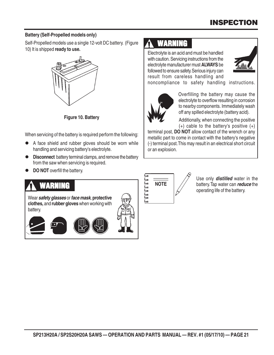 Warning, Inspection | Multiquip SP2S20H20A User Manual | Page 21 / 160