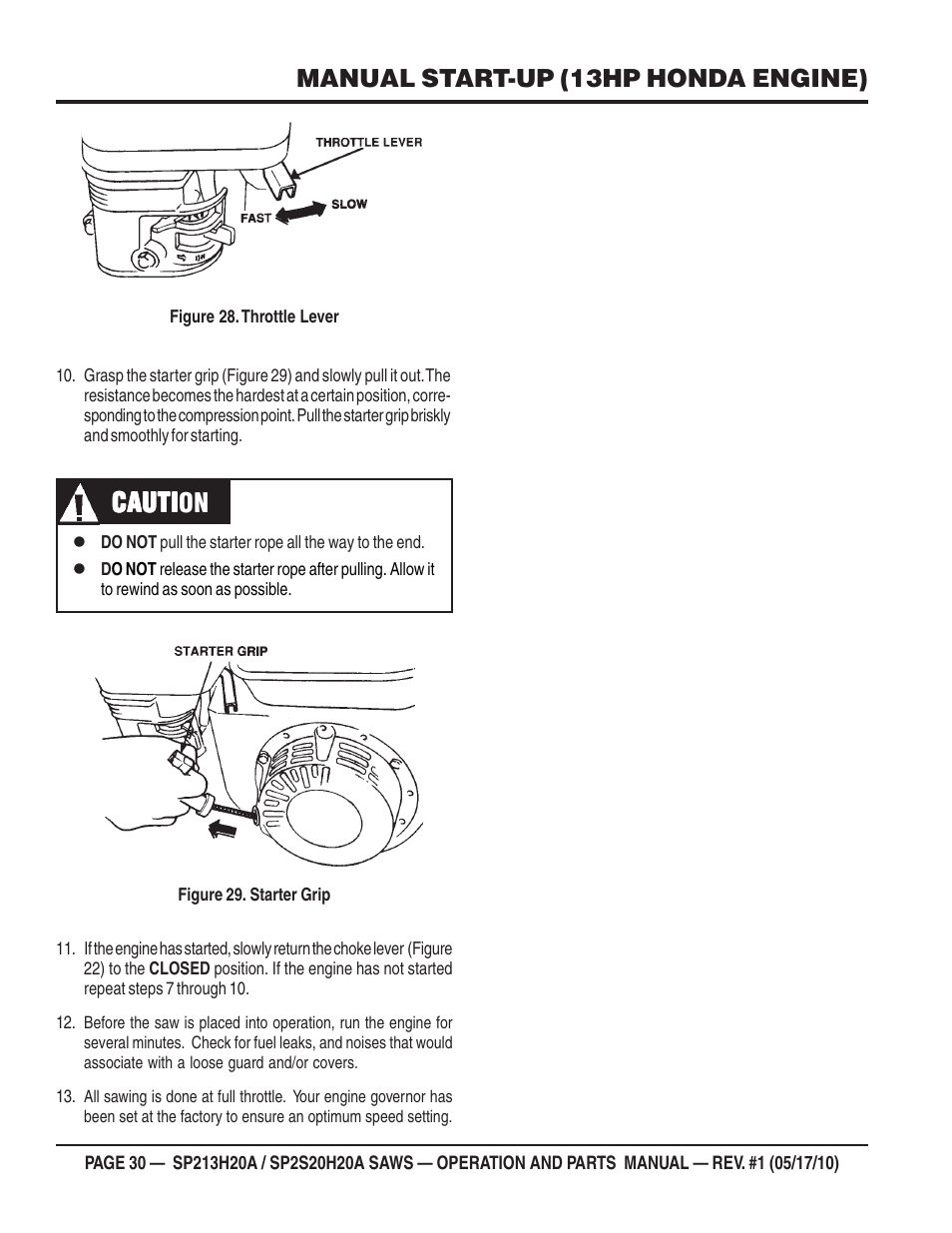Cauti, Cauti caution, Manual start-up (13hp honda engine) | Multiquip SP2S20H20A User Manual | Page 30 / 160