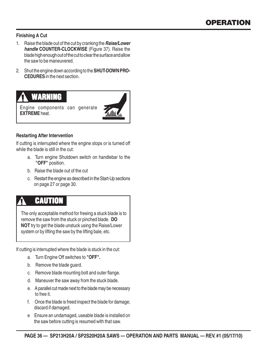 Warning, Caution, Operation | Multiquip SP2S20H20A User Manual | Page 36 / 160