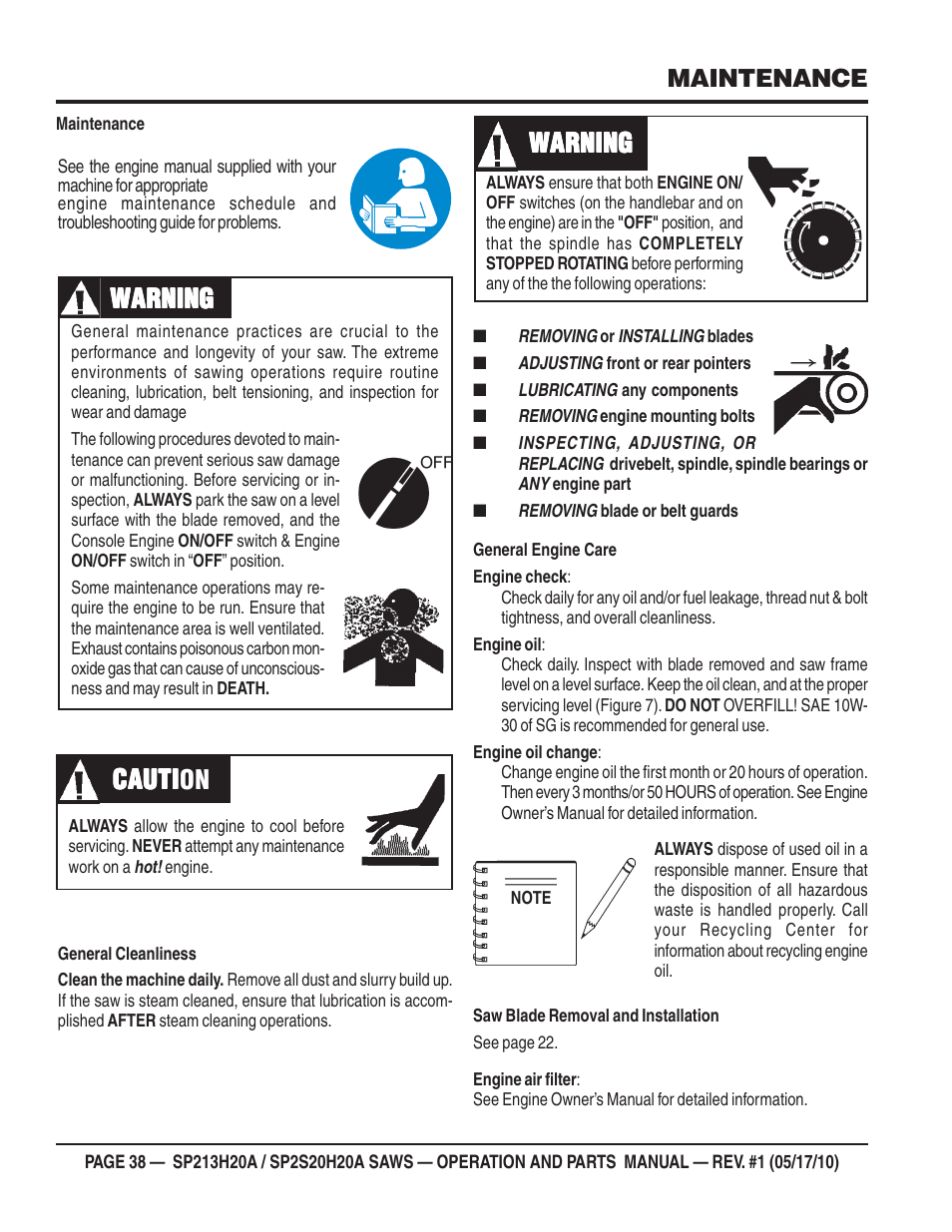 Warning, Warning cauti cauti cauti cauti caution, Maintenance | Multiquip SP2S20H20A User Manual | Page 38 / 160