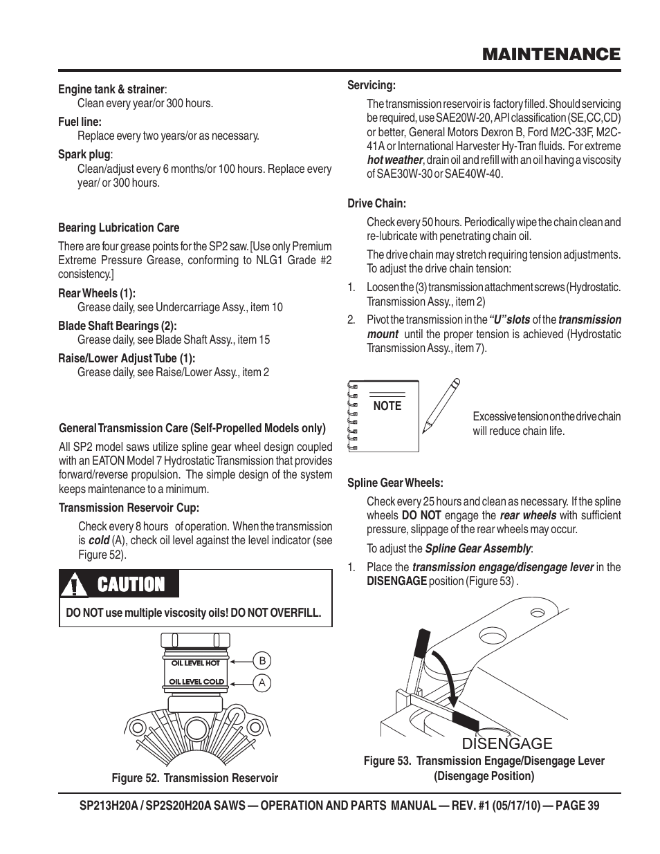 Caution, Maintenance | Multiquip SP2S20H20A User Manual | Page 39 / 160