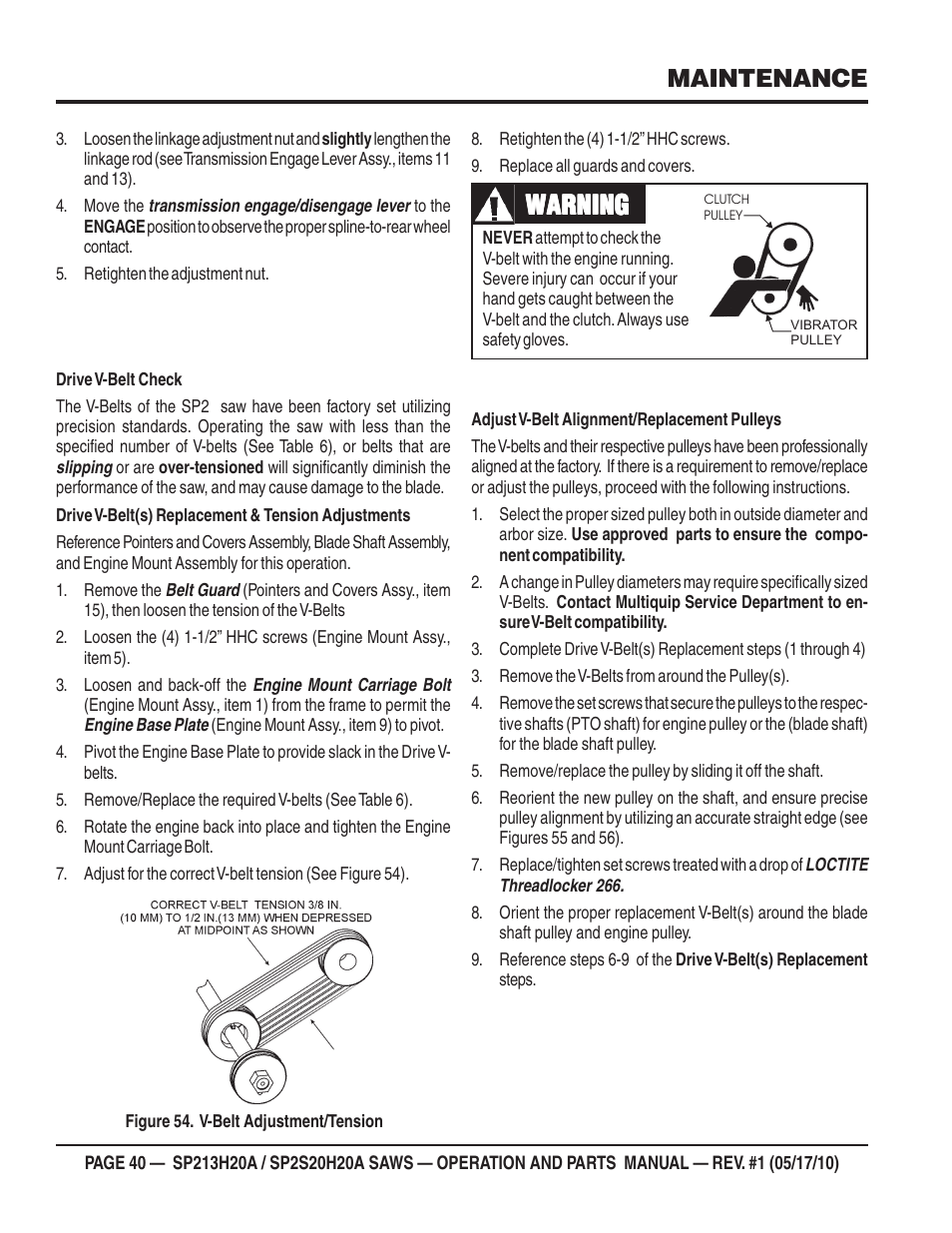 Warning, Maintenance | Multiquip SP2S20H20A User Manual | Page 40 / 160