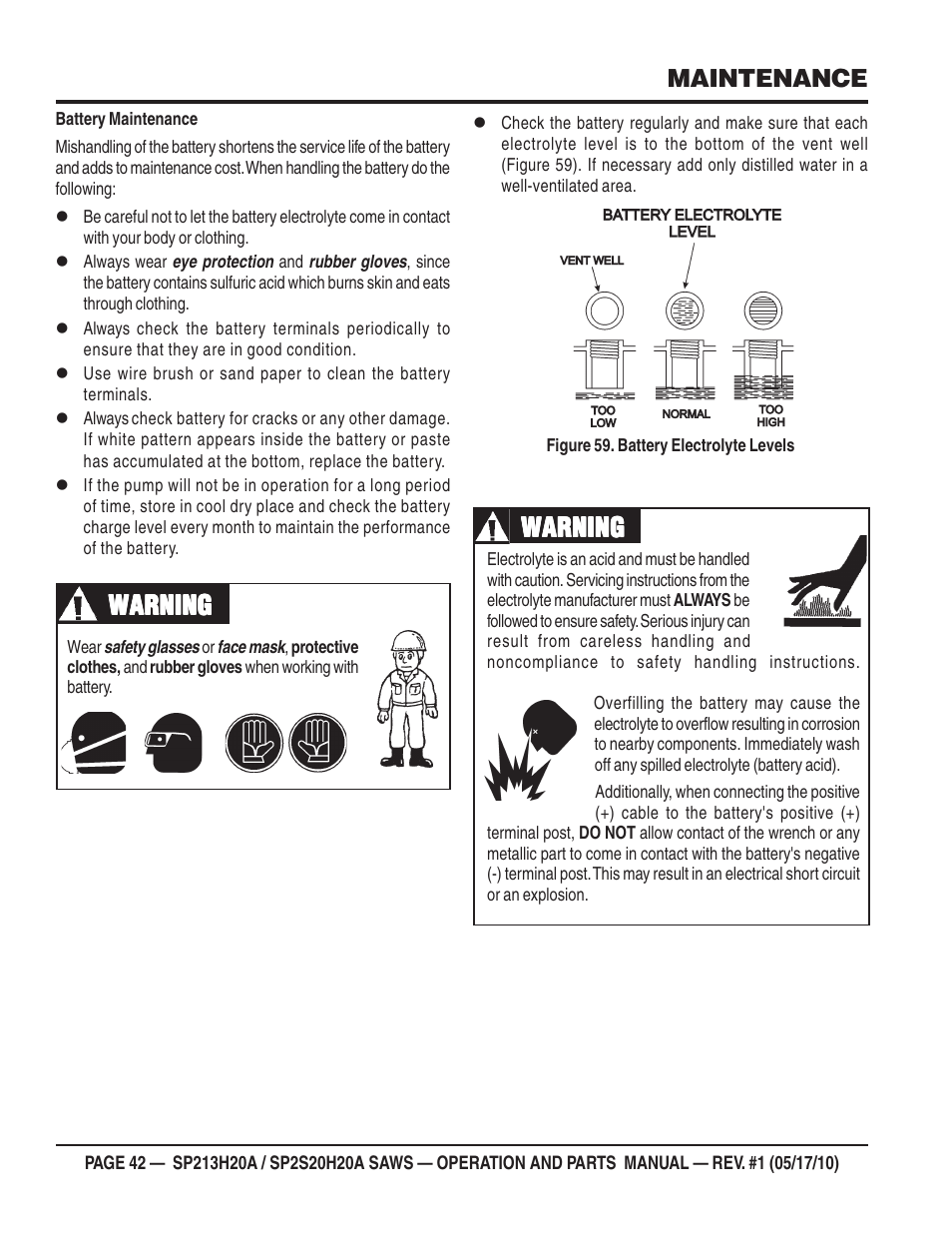 Warning, Maintenance | Multiquip SP2S20H20A User Manual | Page 42 / 160