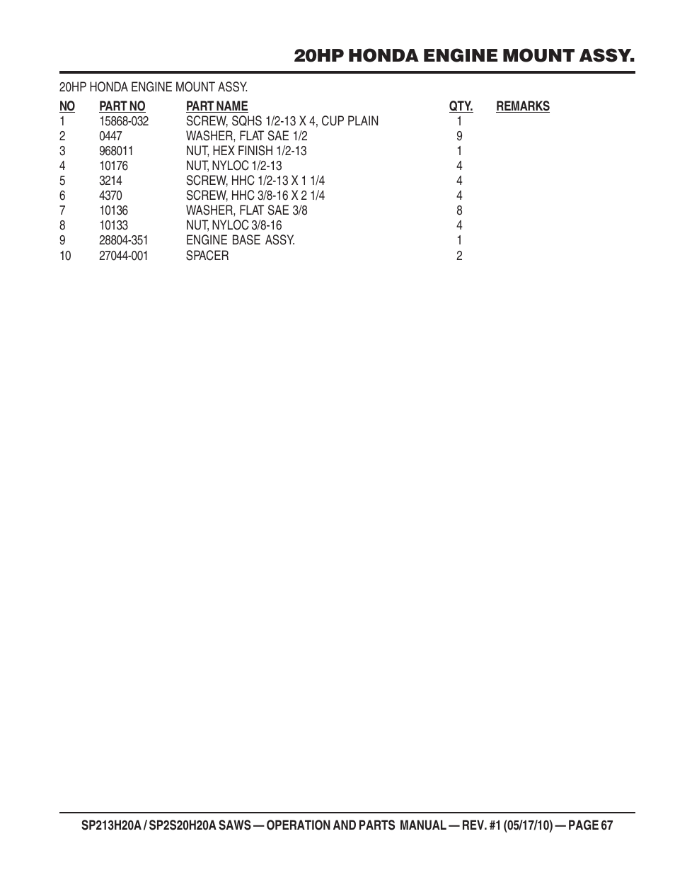 20hp honda engine mount assy | Multiquip SP2S20H20A User Manual | Page 67 / 160