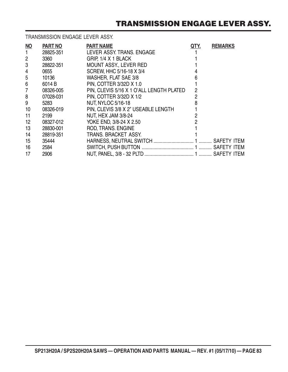 Transmission engage lever assy | Multiquip SP2S20H20A User Manual | Page 83 / 160