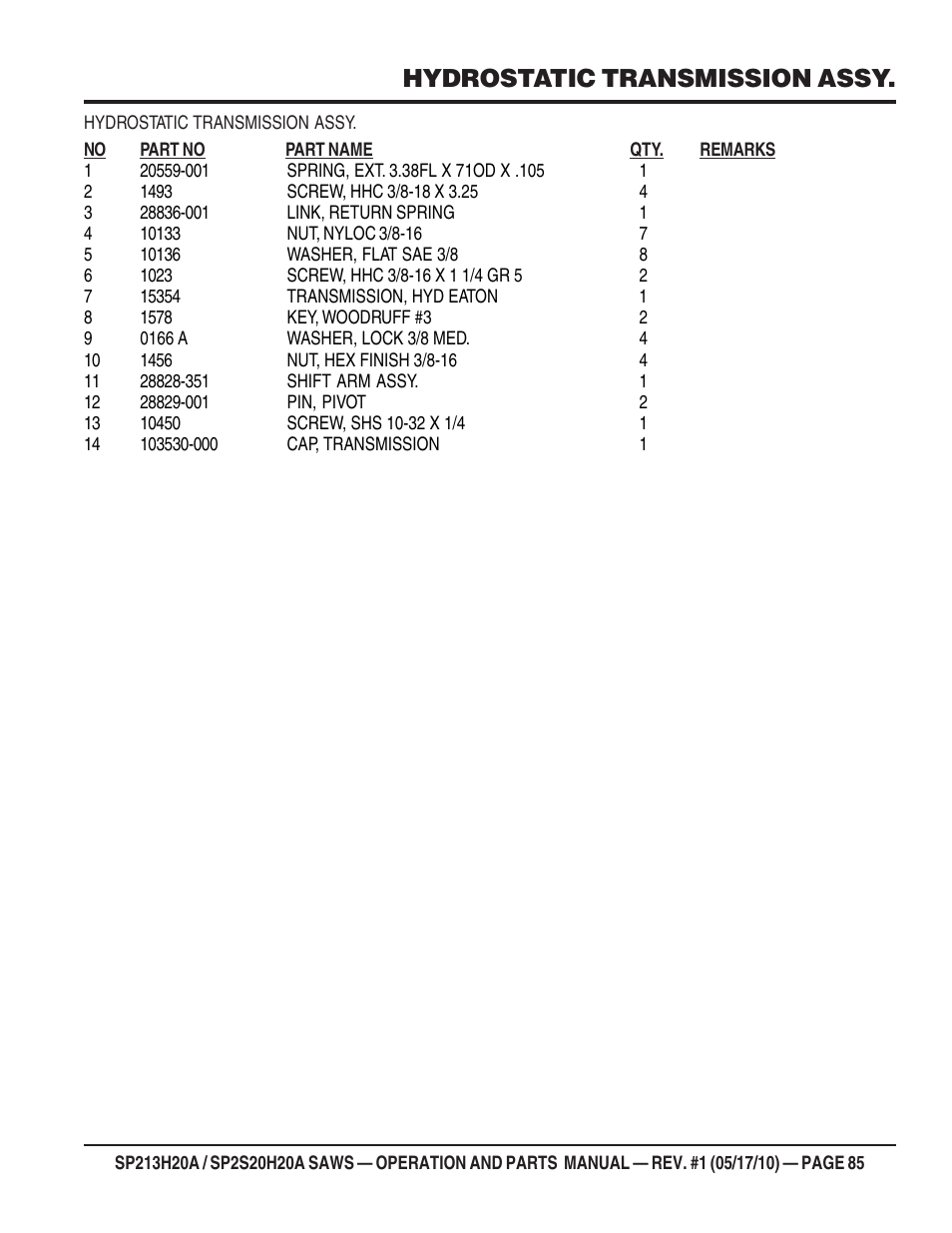 Hydrostatic transmission assy | Multiquip SP2S20H20A User Manual | Page 85 / 160