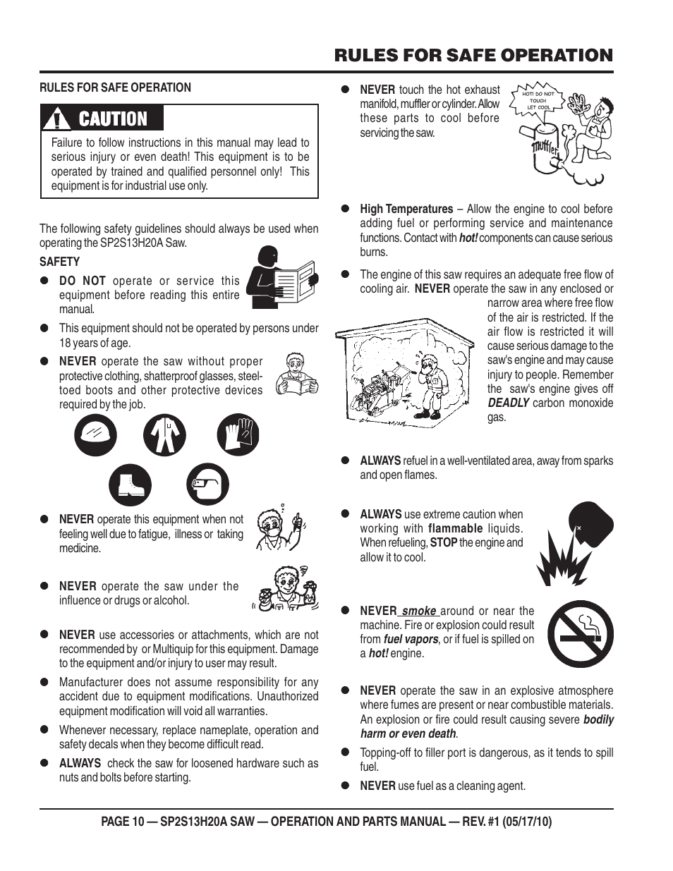 Cauti, Cauti caution, Rules for safe operation | Multiquip SP2S13H20A User Manual | Page 10 / 108