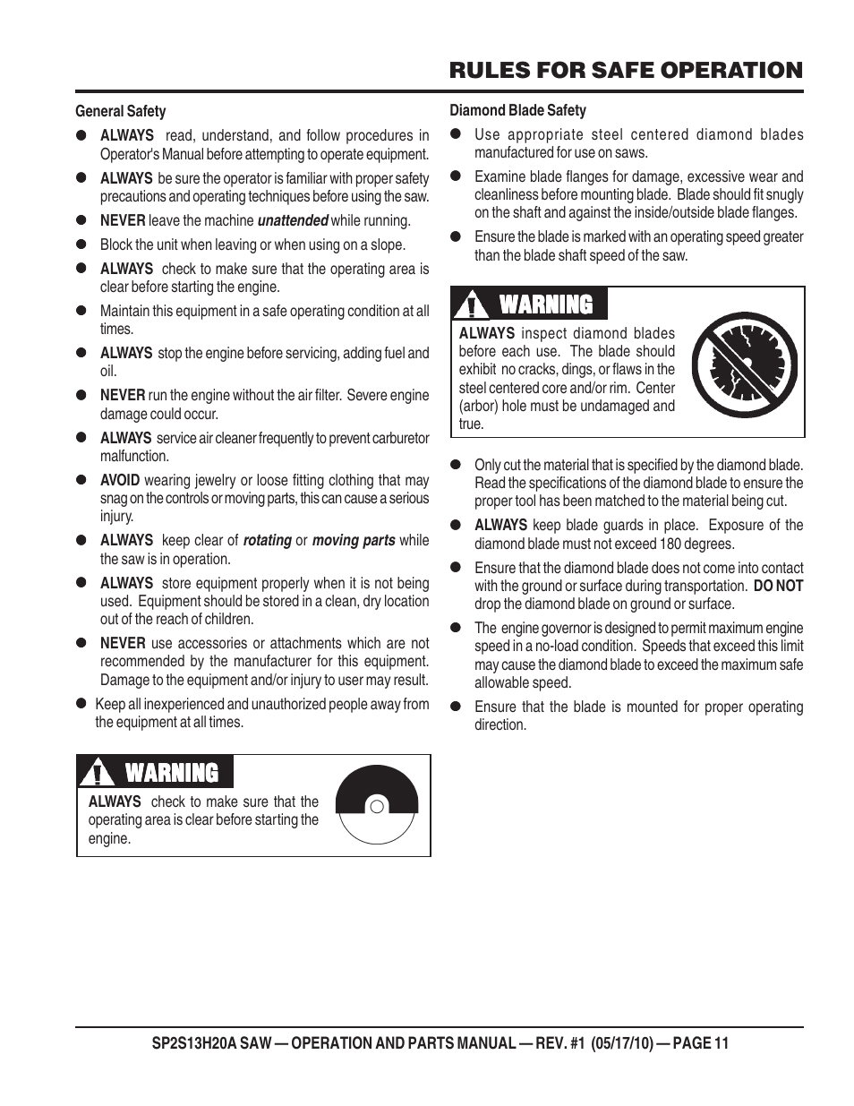 Warning, Rules for safe operation | Multiquip SP2S13H20A User Manual | Page 11 / 108