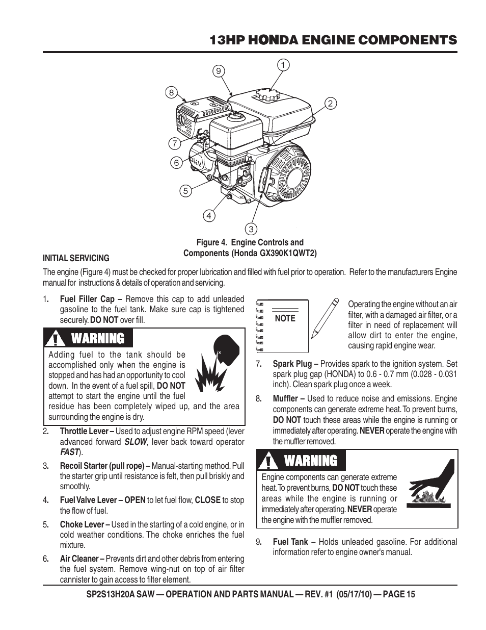 Warning, 13hp hon on on on onda engine components | Multiquip SP2S13H20A User Manual | Page 15 / 108