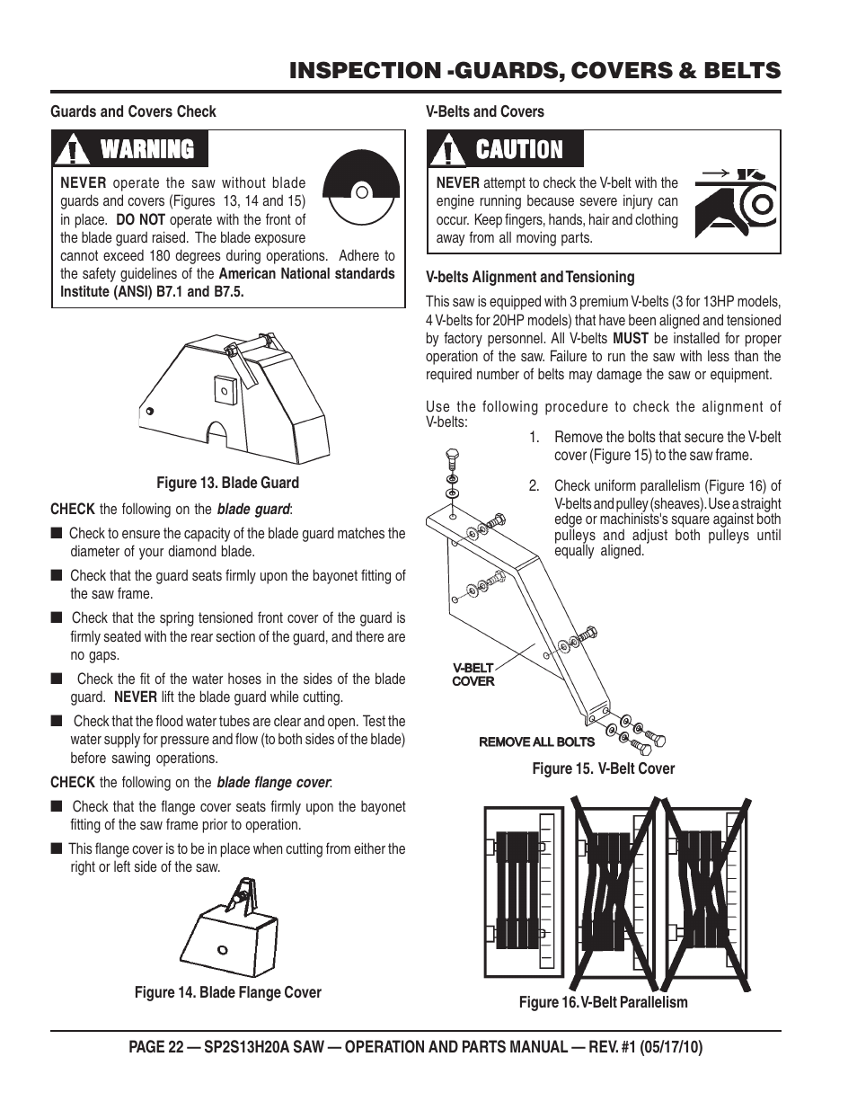 Warning, Cauti, Cauti caution | Inspection -guards, covers & belts | Multiquip SP2S13H20A User Manual | Page 22 / 108