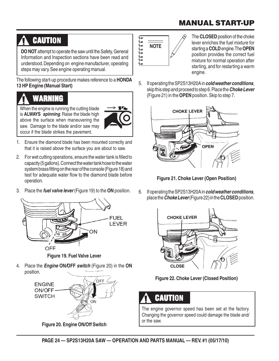 Warning, Cauti, Cauti caution | Manual start-up | Multiquip SP2S13H20A User Manual | Page 24 / 108