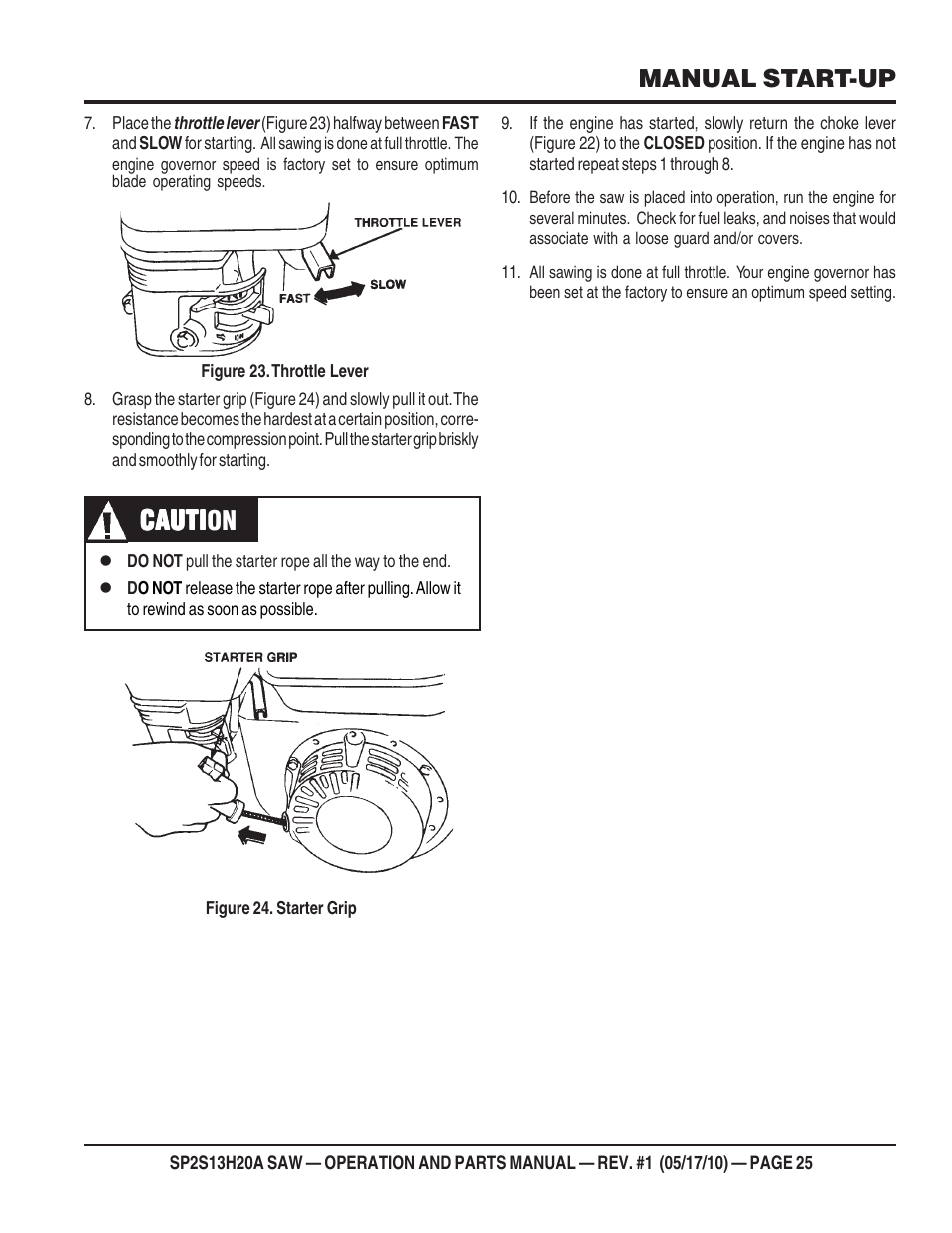 Cauti, Cauti caution, Manual start-up | Multiquip SP2S13H20A User Manual | Page 25 / 108