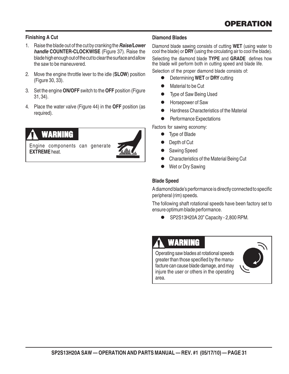 Warning, Operation | Multiquip SP2S13H20A User Manual | Page 31 / 108