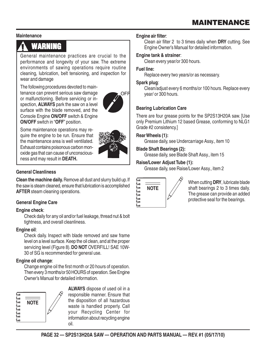 Warning, Maintenance | Multiquip SP2S13H20A User Manual | Page 32 / 108