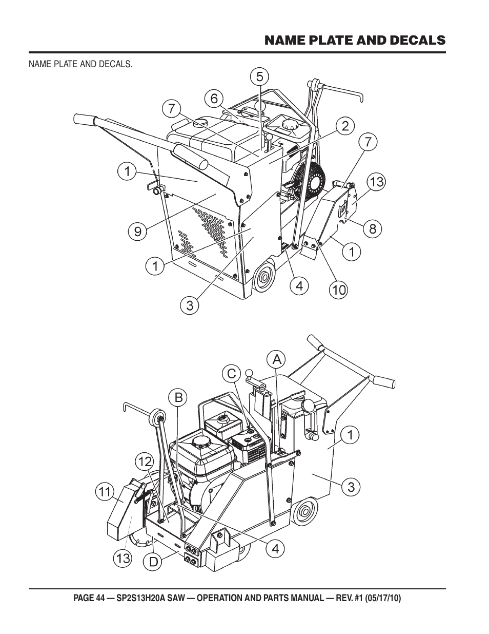 Name plate and decals | Multiquip SP2S13H20A User Manual | Page 44 / 108
