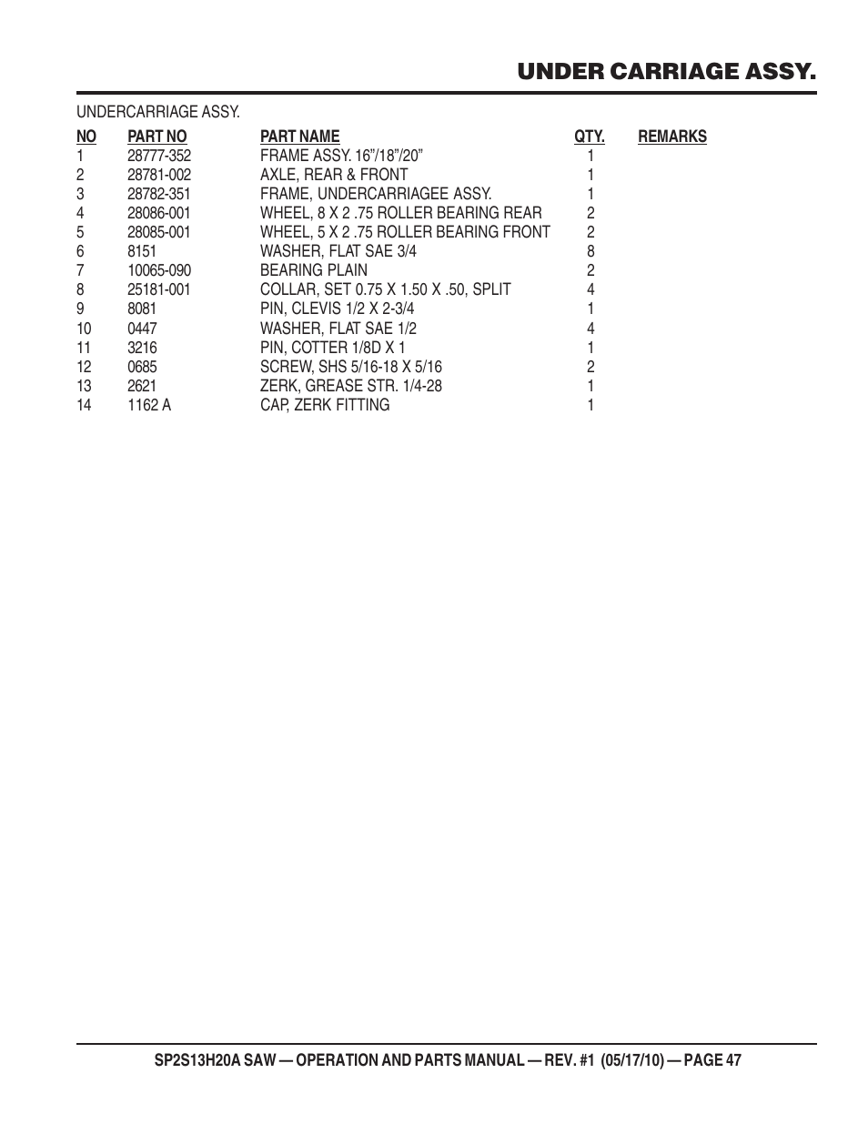 Under carriage assy | Multiquip SP2S13H20A User Manual | Page 47 / 108