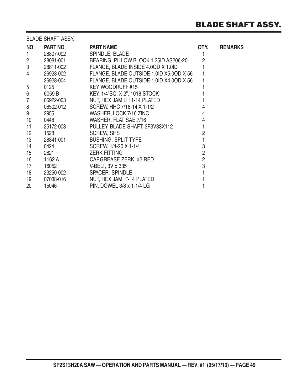 Blade shaft assy | Multiquip SP2S13H20A User Manual | Page 49 / 108