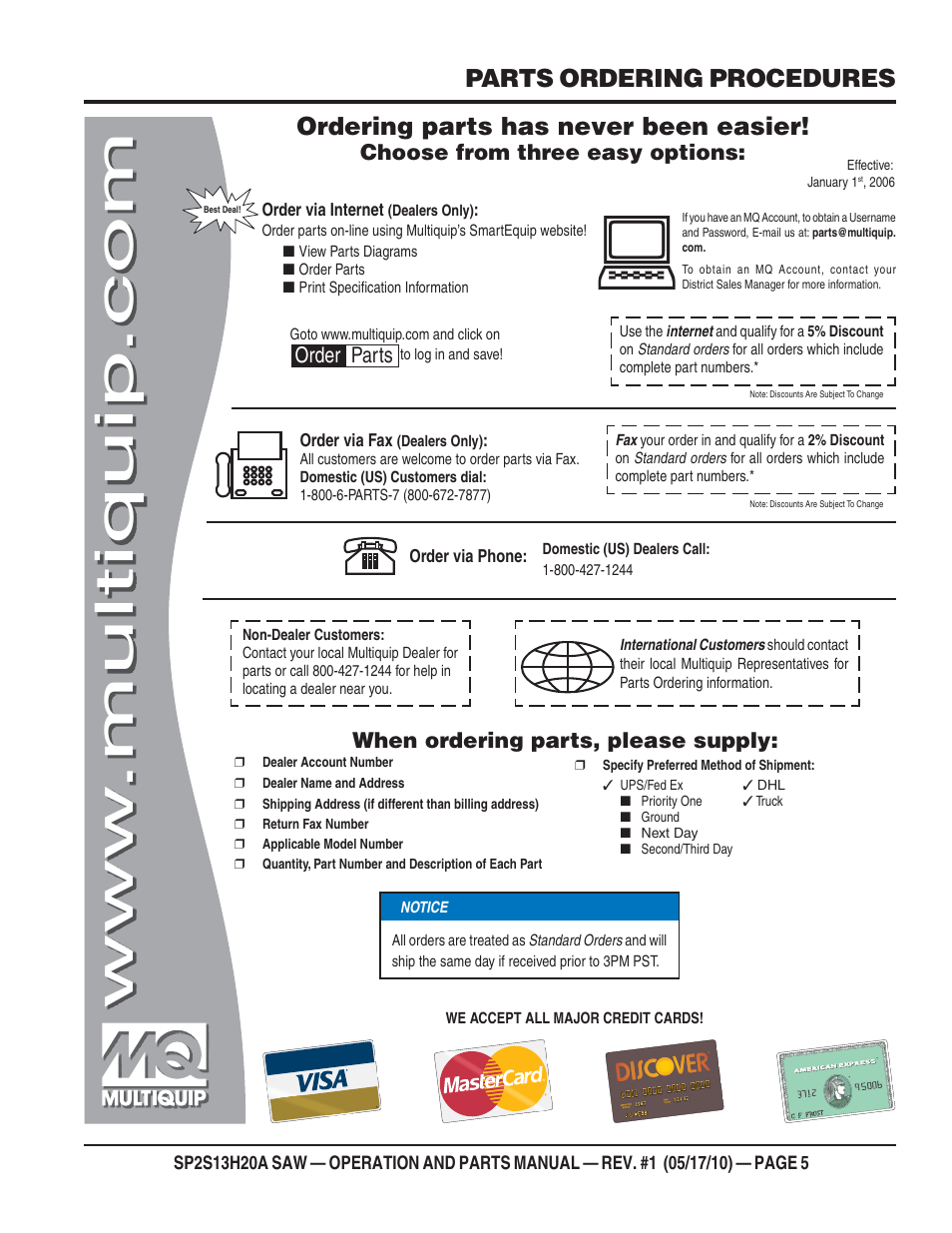 Ordering parts has never been easier, Parts ordering procedures, Choose from three easy options | When ordering parts, please supply, Order parts | Multiquip SP2S13H20A User Manual | Page 5 / 108