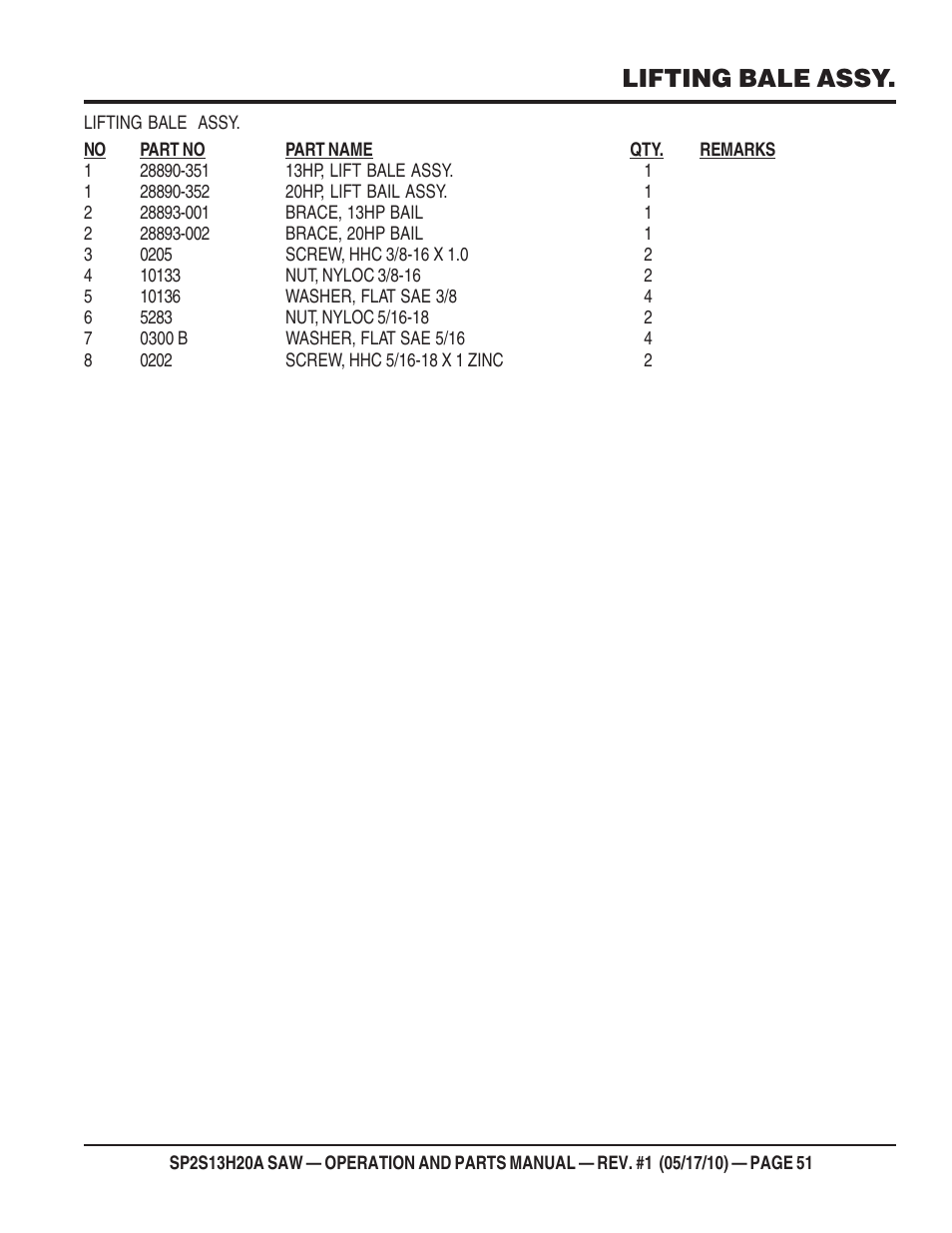 Lifting bale assy | Multiquip SP2S13H20A User Manual | Page 51 / 108