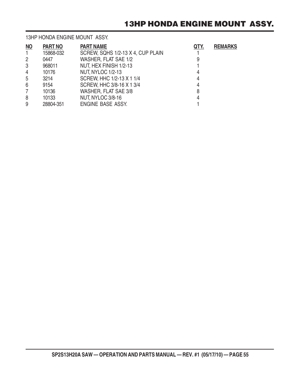 13hp honda engine mount assy | Multiquip SP2S13H20A User Manual | Page 55 / 108