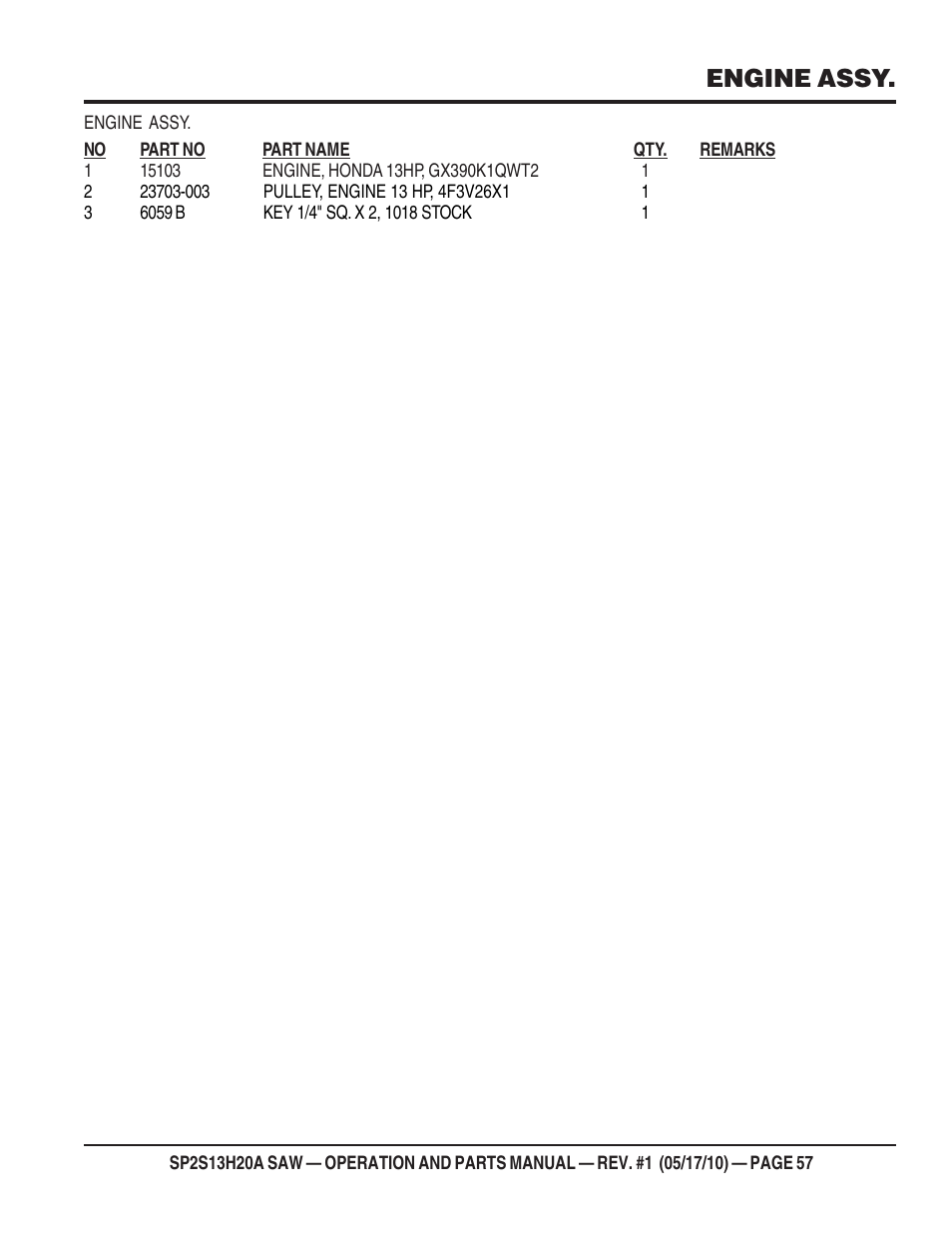 Engine assy | Multiquip SP2S13H20A User Manual | Page 57 / 108