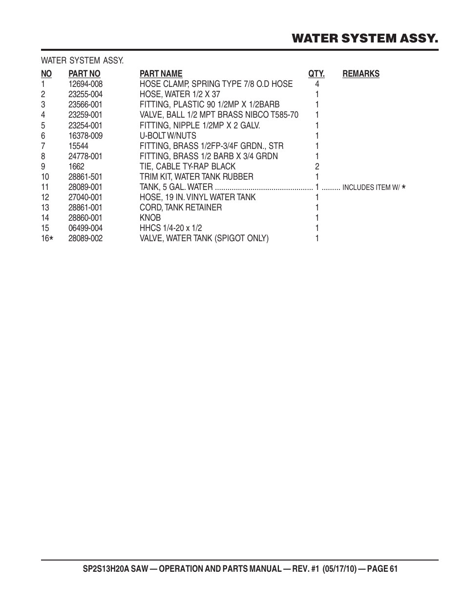 Water system assy | Multiquip SP2S13H20A User Manual | Page 61 / 108