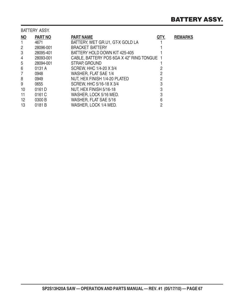 Battery assy | Multiquip SP2S13H20A User Manual | Page 67 / 108