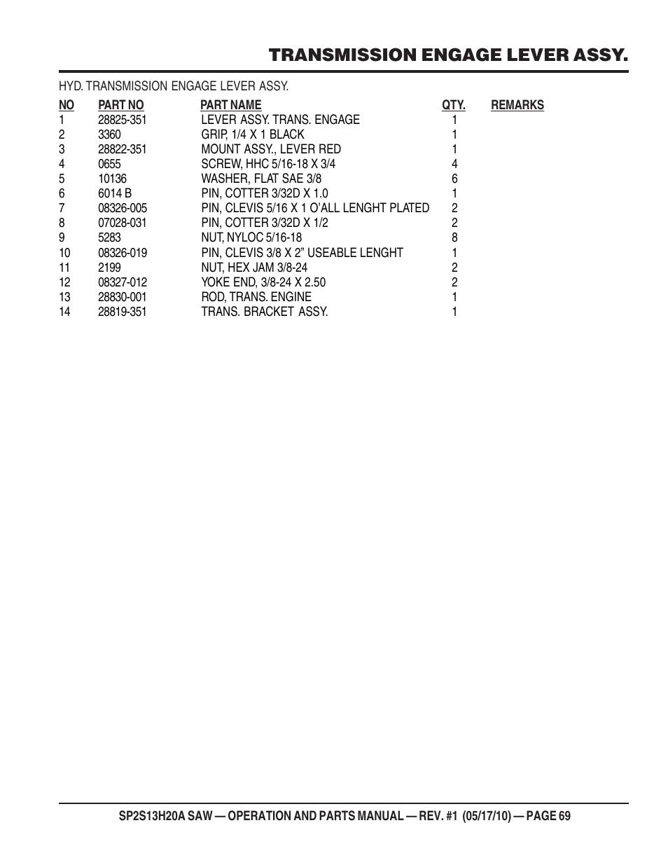 Transmission engage lever assy | Multiquip SP2S13H20A User Manual | Page 69 / 108