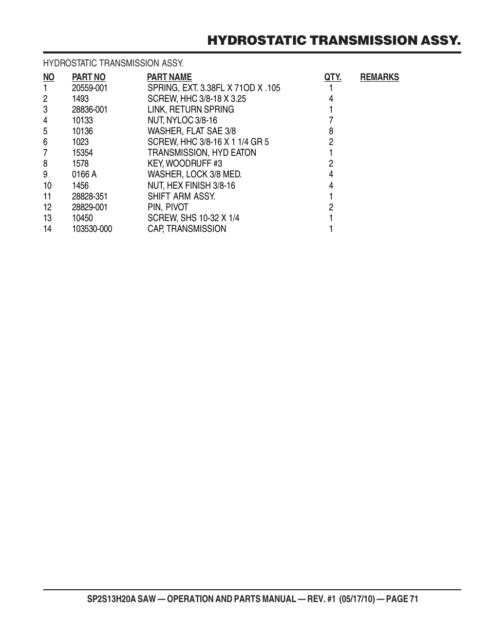 Hydrostatic transmission assy | Multiquip SP2S13H20A User Manual | Page 71 / 108