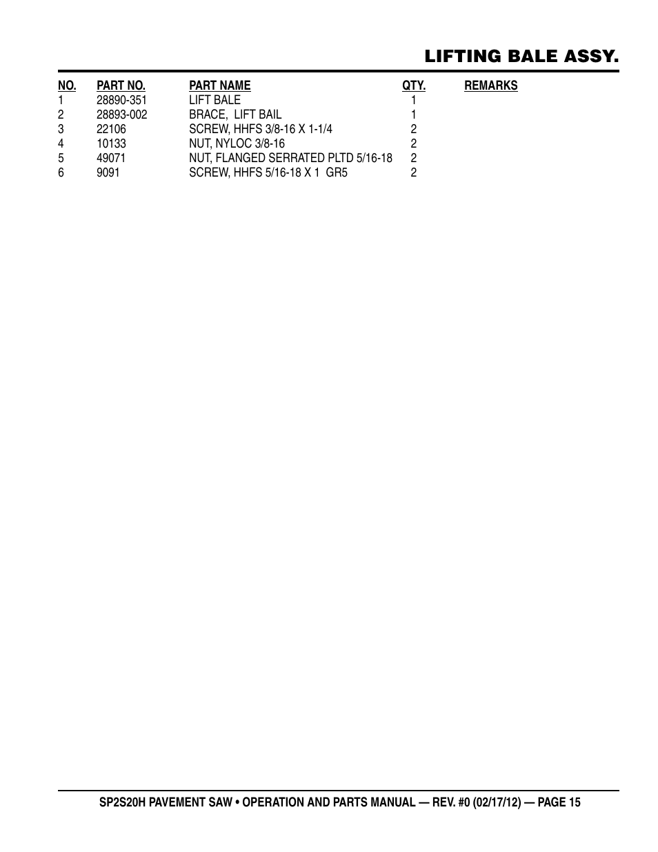 Lifting bale assy | Multiquip SP2S20H User Manual | Page 15 / 40