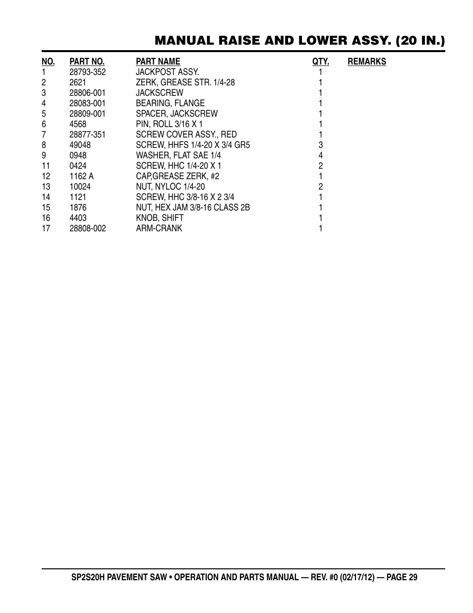 Manual raise and lower assy. (20 in.) | Multiquip SP2S20H User Manual | Page 29 / 40