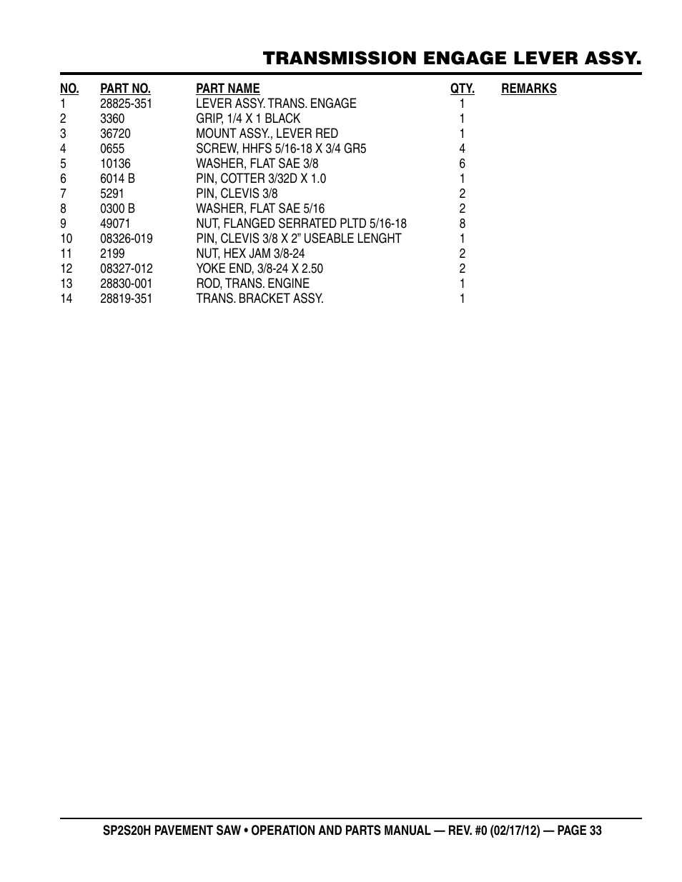 Transmission engage lever assy | Multiquip SP2S20H User Manual | Page 33 / 40