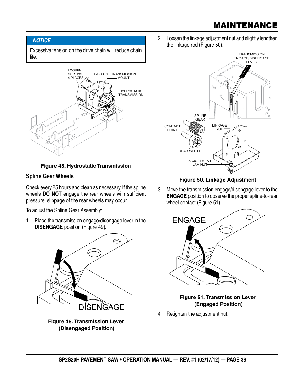 Maintenance, Spline gear wheels | Multiquip SP2S20H User Manual | Page 39 / 50