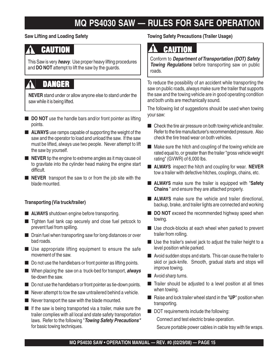 Mq ps4030 saw — rules for safe operation, Caution, Danger | Multiquip PS403030 User Manual | Page 15 / 62