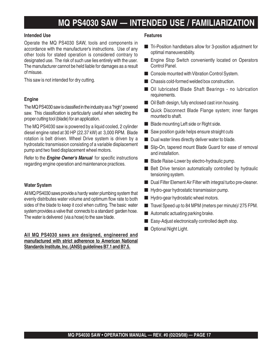 Mq ps4030 saw — intended use / familiarization | Multiquip PS403030 User Manual | Page 17 / 62