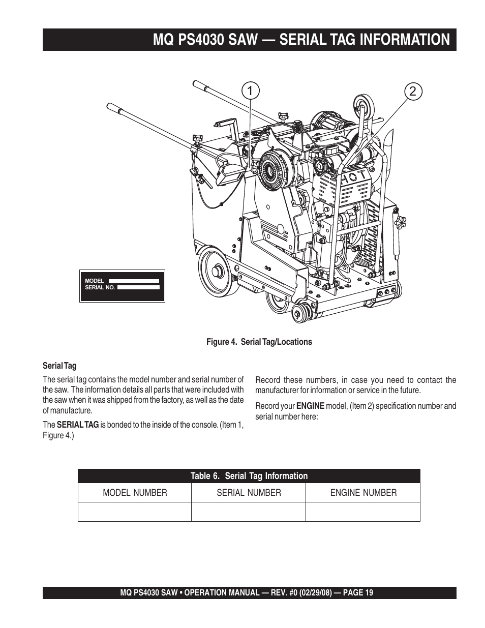 Mq ps4030 saw — serial tag information | Multiquip PS403030 User Manual | Page 19 / 62